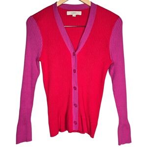 LOFT Women's‎ Red Pink Colorblock Ribbed V Neck Button Front Cardigan Sweater L